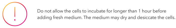Do not allow the cells to incubate for longer than 1 hour before adding fresh medium. The medium may dry and desiccate the cells.